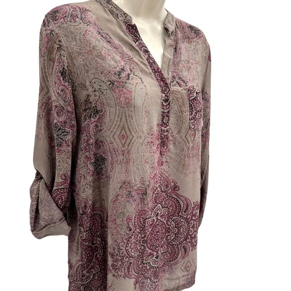 Boho Gray Purple Paisley Print Top Roll-Tab Sleeves Women’s L - Picture 2 of 8